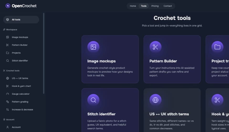 OpenCrochet workspace preview: crochet mockups and pattern tools (dark theme)