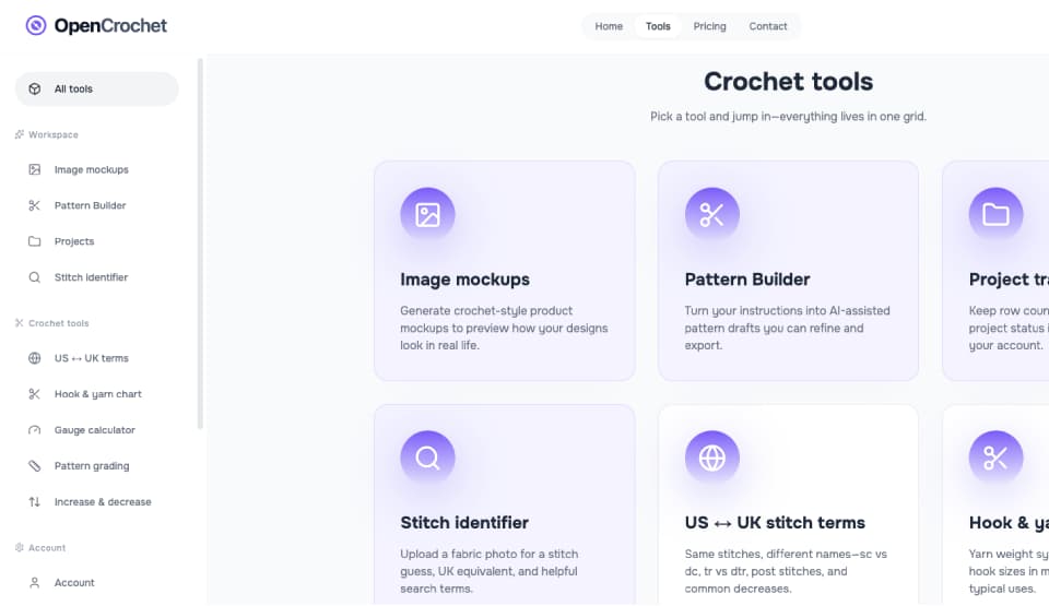 OpenCrochet workspace preview: crochet mockups and pattern tools (light theme)