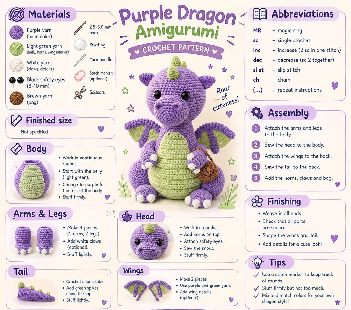 Purple Dragon Amigurumi crochet pattern sheet — free tutorial on OpenCrochet